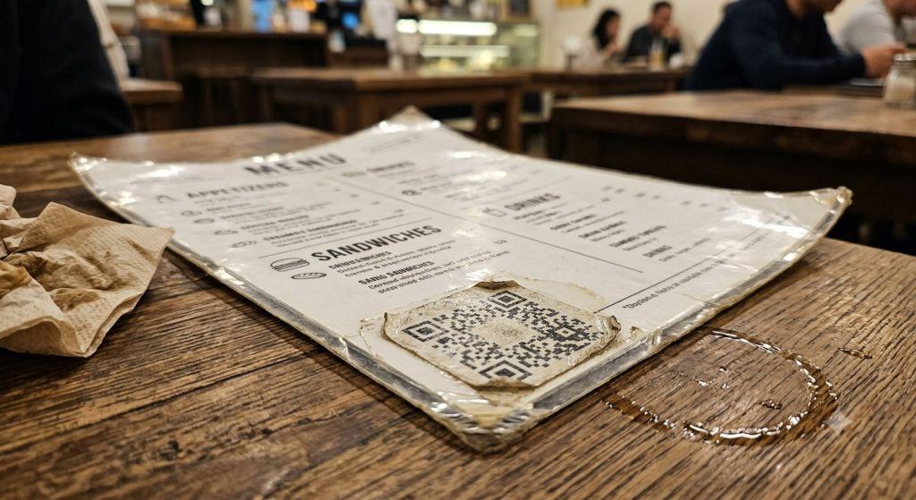 Código QR impreso en el menú de un restaurante, funcionando sin fecha de caducidad