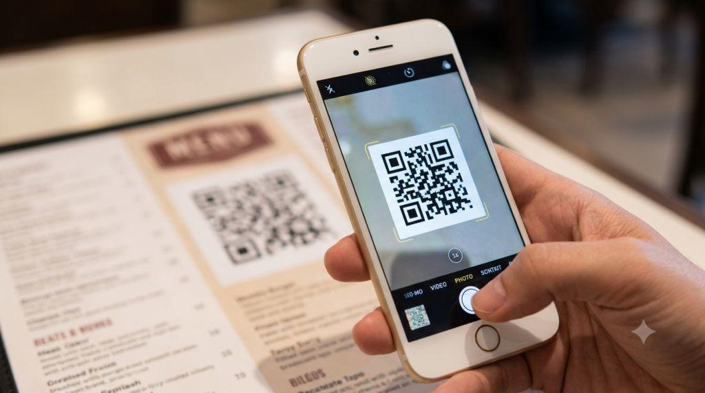 Cómo escanear código QR en iPhone - Mano sosteniendo un iPhone apuntando la cámara a un código QR