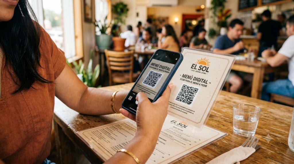 Cómo Escanear un Código QR - Persona usando su celular para escanear un código QR en un restaurante