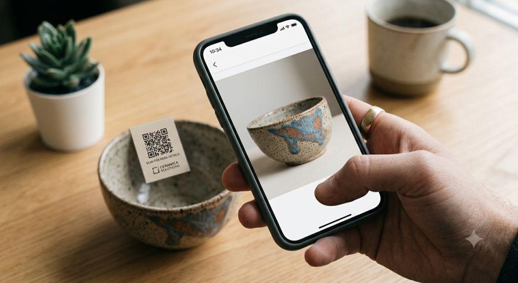 Persona escaneando con su celular un código QR que abre una fotografía en pantalla