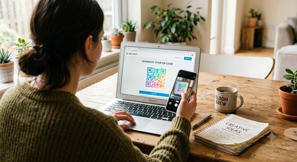 Generar código QR gratis online - Persona creando un código QR desde su celular y su computadora