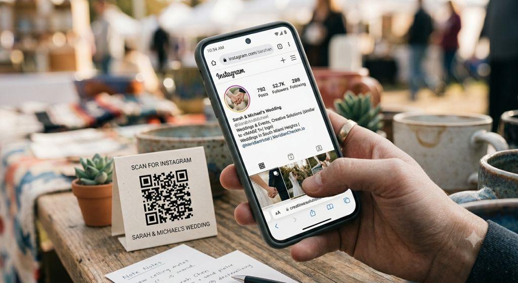 Persona escaneando con su celular un código QR para seguir un perfil de Instagram y Facebook