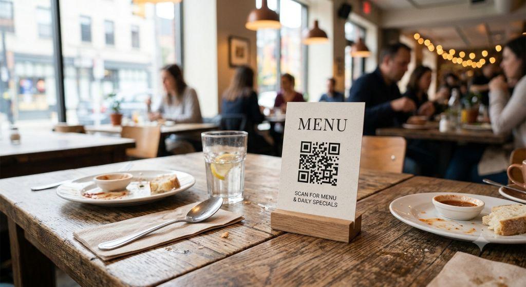 Ejemplo de código QR impreso en un menú de restaurante junto a una mesa