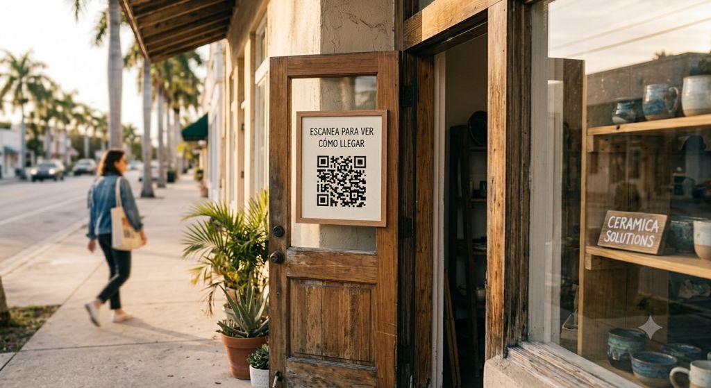 Letrero de negocio con código QR de ubicación que abre Google Maps