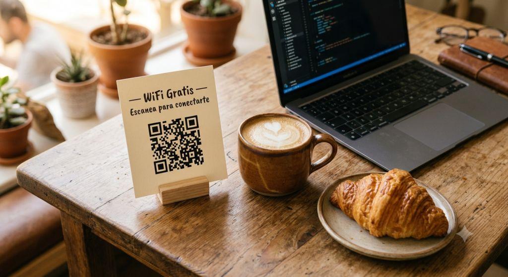 Código QR de WiFi impreso sobre una mesa de café para que los clientes se conecten escaneando
